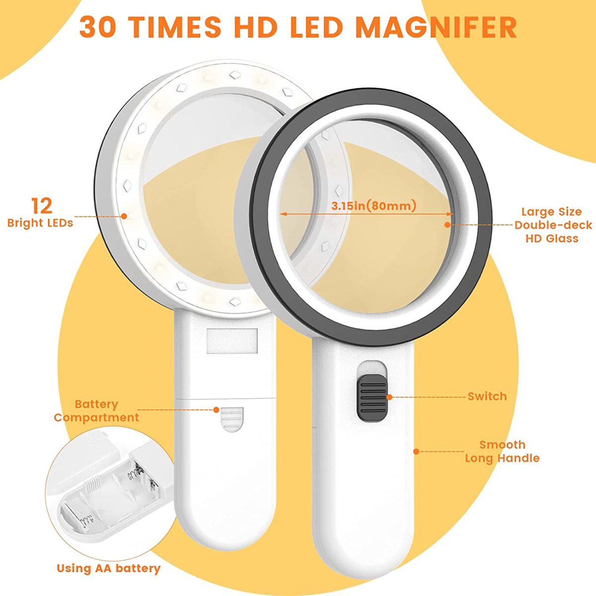 Magnifying Glass with 12 LED Lights, 30X Double Glass Lens Handheld  Illuminated Magnifier Reading Magnifying Glass with for Seniors Read,  Coins